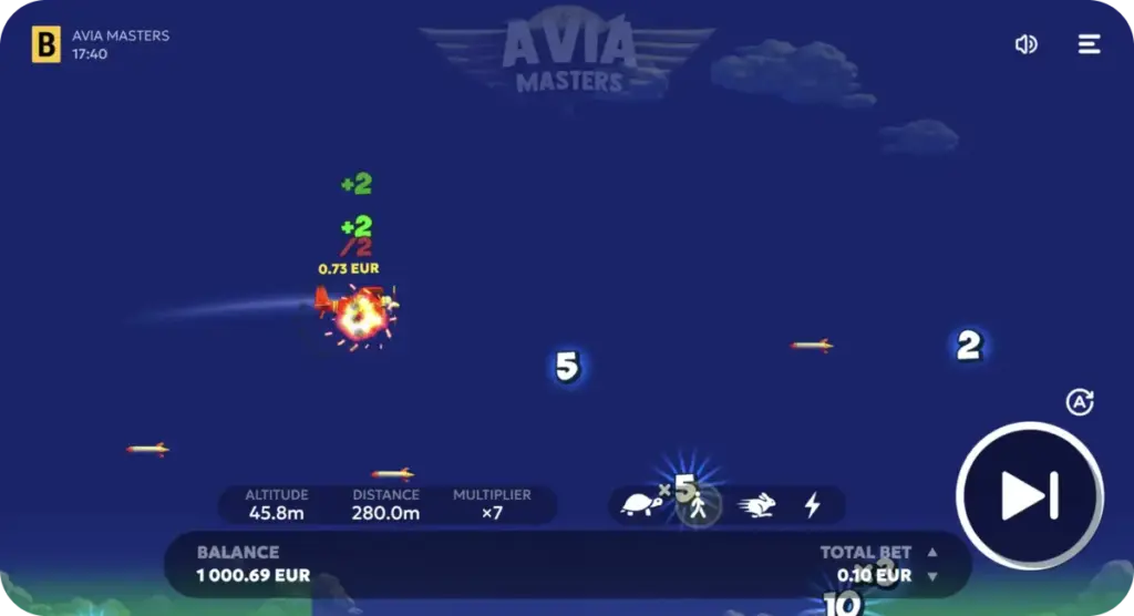 Avia Masters Spielszene mit Flugzeug, Raketen und steigenden Multiplikatoren während des Flugs