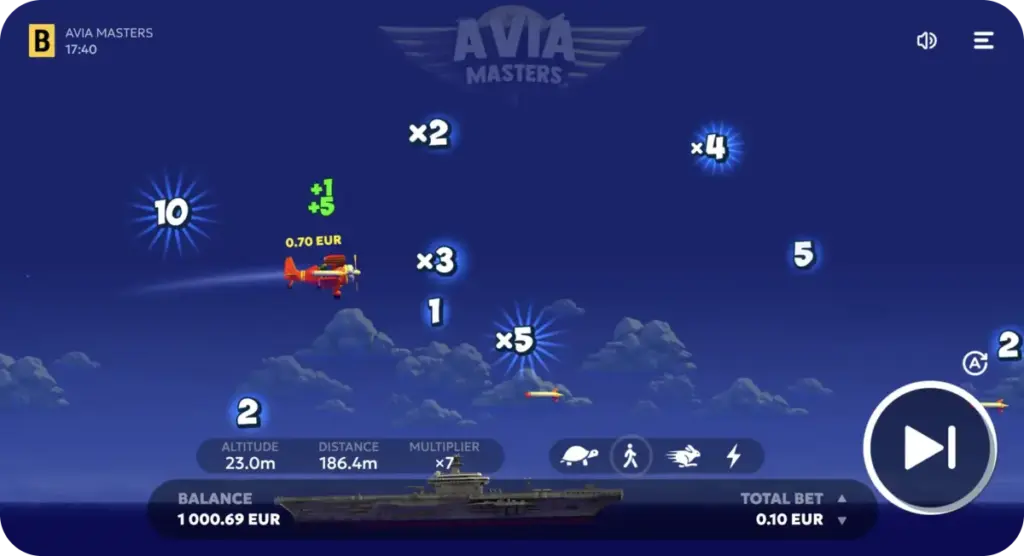 Avia Masters Spielszene mit Flugzeug und Multiplikatoren während des Flugs